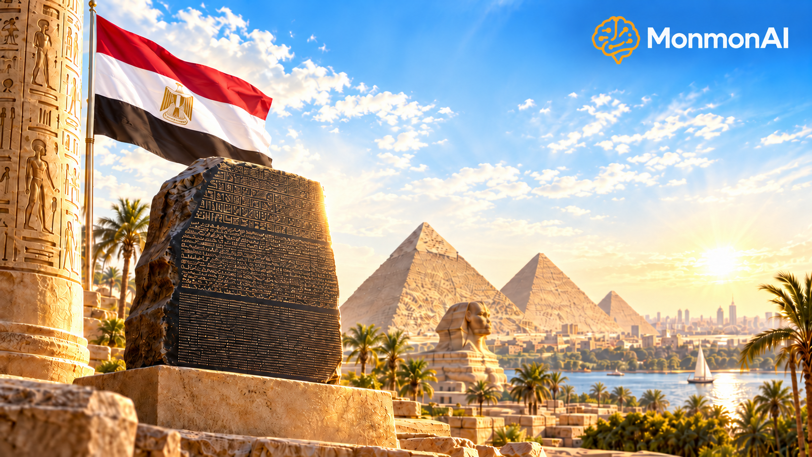 Egyptian flag, Rosetta Stone, pyramids and the Nile beneath the MonmonAI logo